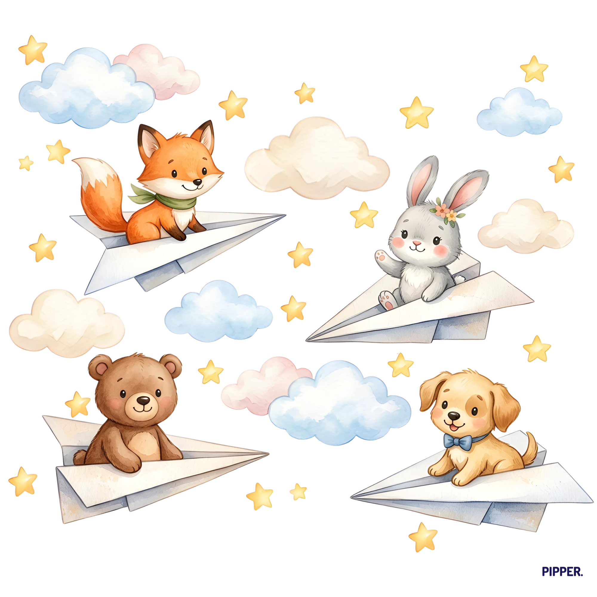 Textilná nálepka na stenu do detskej izby - Zvieratká v papierových lietadielkách